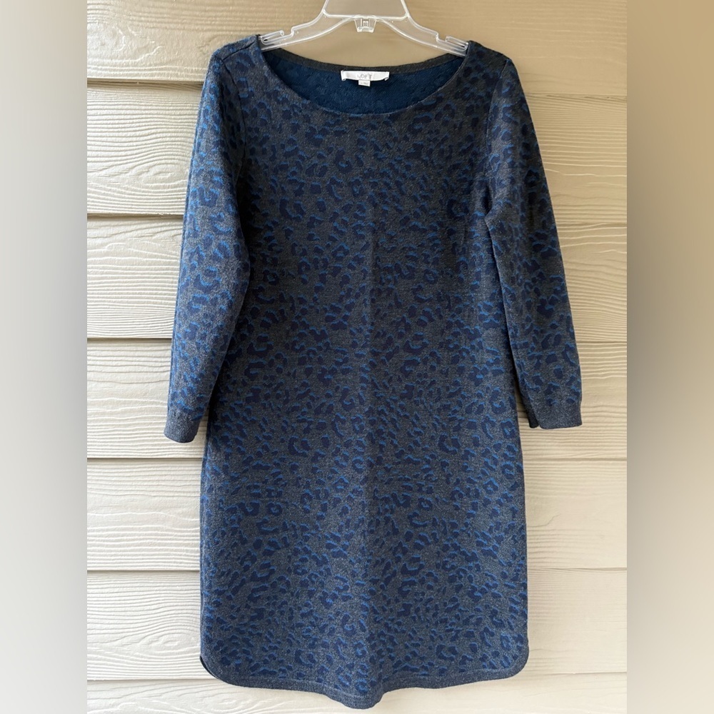 Ann Taylor LOFT Cheetah Animal Print Gray Blue 3/4 Sleeves Sweater Dress Size L - Picture 3 of 10